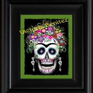 Frida Kahlo Day Of The Dead Green Sugar Skull..