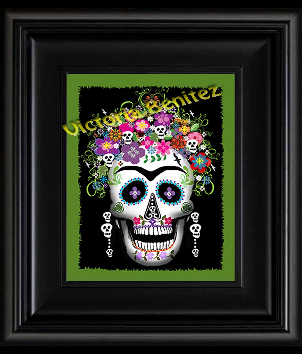 Frida Kahlo Day Of The Dead Green Sugar Skull Digital Oil Painting Design 8" X 10" Photo Print