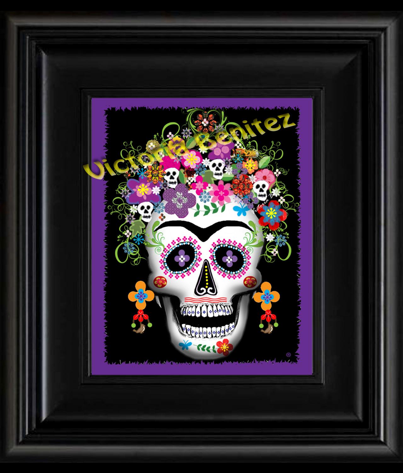 Frida Kahlo Day Of The Dead Purple Sugar Skull Digital Oil Painting Design 8" X 10" Photo Print